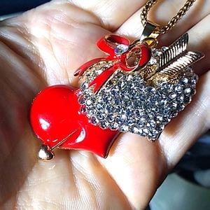Crystal and Enamel Heart with Red Bow Pendant